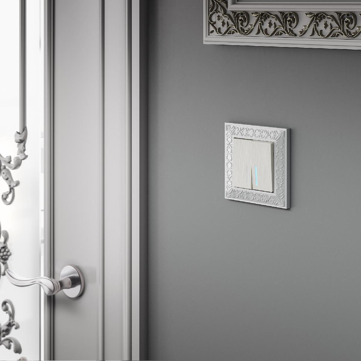 Выключатель двухклавишный проходной с подсветкой (перламутровый рифленый) W1122113