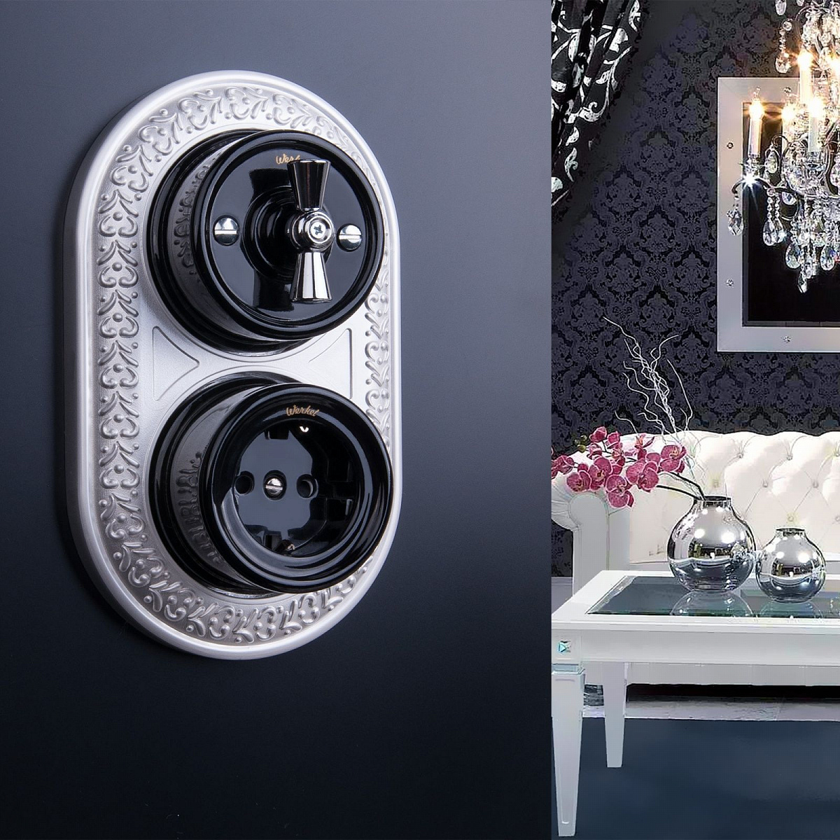 Розетка с заземлением черный ретро W5671008